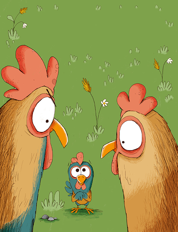 Abb. 1: Bild aus "Heinrich will brüten": Die Eltern blicken skeptisch auf ihren Hähnerich.