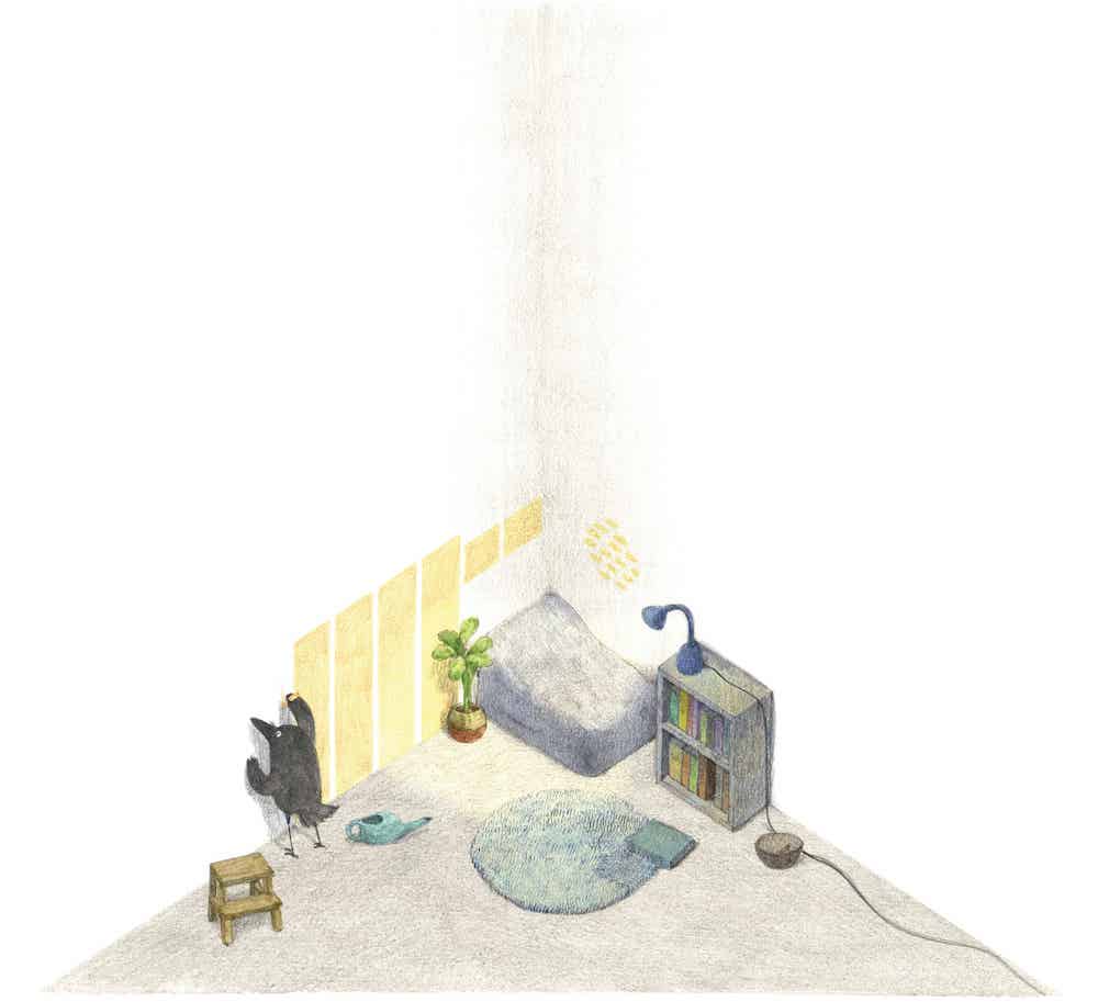 Abb. 1: Die Krähe beginnt mit dem Malen der Fenster (ZO-O 2021, o. S.)