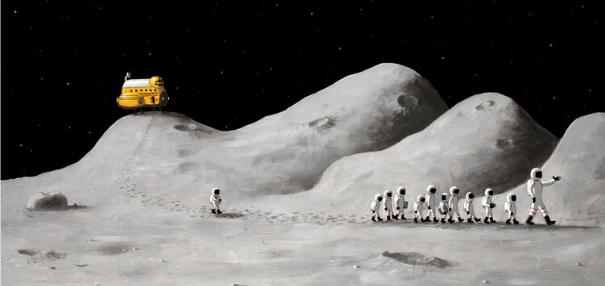 Abb. 1: Das Kind mit der Stifteschachtel im Abstand zur Gruppe (Quelle: Hares Portfolio, Illustration im Buch, S. 6 f.)