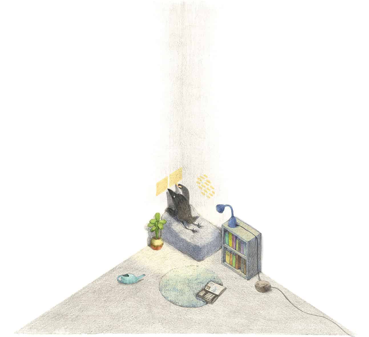 Abb. 5: Die Illustration einer Doppelseite, die gezeichnete Ecke fällt in der Druckausgabe mit der Ecke des aufgeschlagenen Buches zusammen (ZO-O: Die Ecke, o.&nbsp;S., © ZO-O // Verlag Urachhaus)