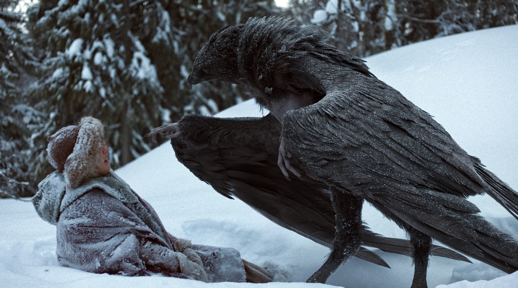 Abb. 4: Ronja (Kerstin Lind) ist mit ihrem Fuß in einen Rumpelwichtbau eingebrochen und steckt hoffnungslos fest. Eine Wilddrude möchte sie als ihr Abendessen für ihre Kinder mitnehmen. Die Wilddruden sind digital erstellt und nachträglich in die Szene integriert worden. Damit Kerstin Lind während des Drehs ein Gegenüber hat, haben Tänzerinnen die Wilddruden gemimt. Pressefoto: 2023 Viaplay Group/Filmlance International AB/Film i Väst/Ahil Films/ARD Degeto Film/Audrius Solominas. Die erste Staffel der Ronja Räubertochter-Serie ist in der ARD Mediathek bis zum 20.12.2025 verfügbar.